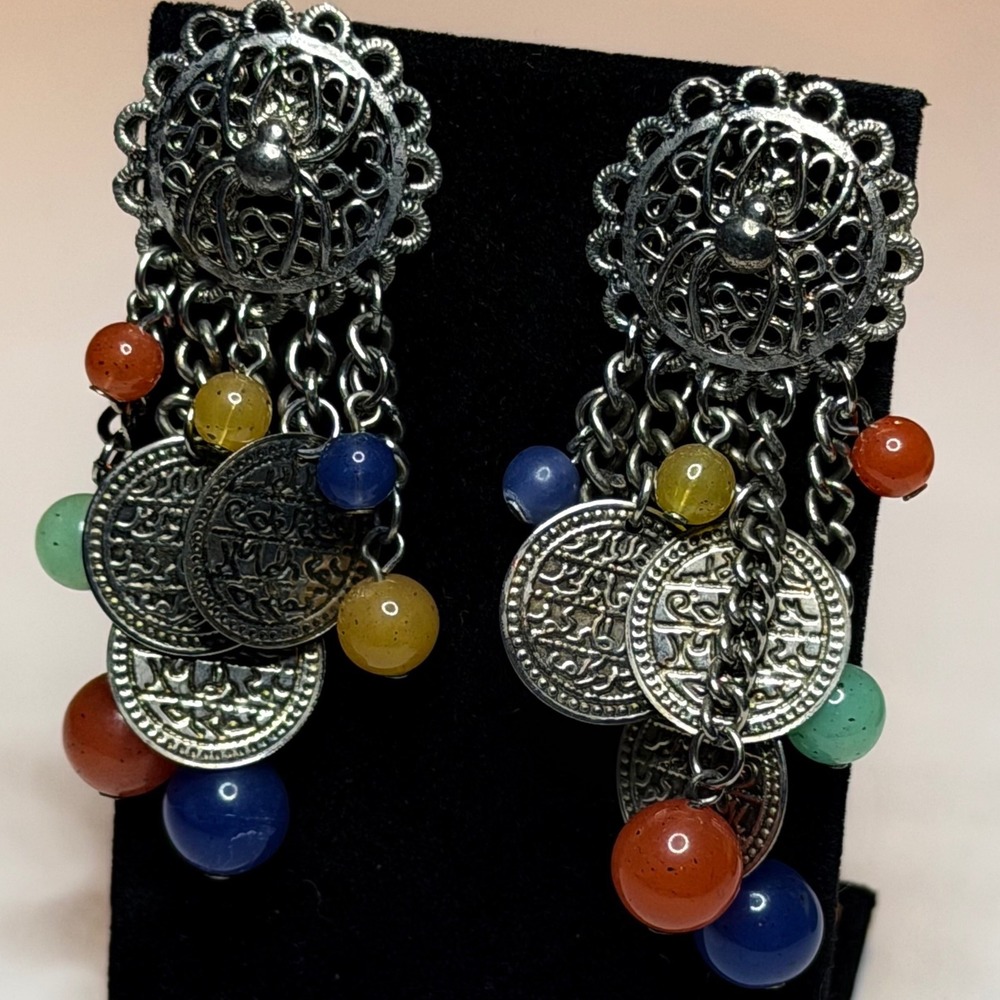 Vintage Boho Spider Coin Chandelier Earrings‎ Silver Tone Bead Dangle Post